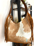 Ranch Tan Cowhide Hobo Fringe Tooled Purse