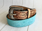 Teal Suede and Leather Tooled Western Belt