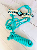 Woven Wool Turquoise Noseband on Black Nylon Cowboy Knot Halter