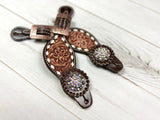 Leather Floral Tooled Buckstitch Spur Straps with Rhinestone Conchos