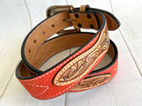 Red Suede and Leather Tooled Western Belt