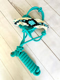 Woven Wool Turquoise Noseband on Black Nylon Cowboy Knot Halter