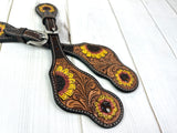 Yellow Sunflower Two Tone Tooled Leather Spur Straps