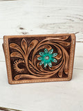 Blue Floral Tooled Tri-Fold Leather Western Wallet