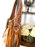 Ranch Tan Cowhide Hobo Fringe Tooled Purse