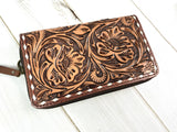 Dark Brown Floral Tooled Leather Buckstitch Zipper Wallet and Wristlet