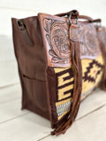 Large Tooled Leather & Neautal Toned Wool Tote