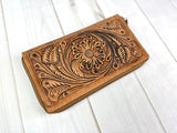 Large Leather Floral Tooled Zipper Wallet