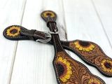 Yellow Sunflower Two Tone Tooled Leather Spur Straps