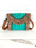 Turquoise Gator Pattern Leather Tooled Crossbody Clutch