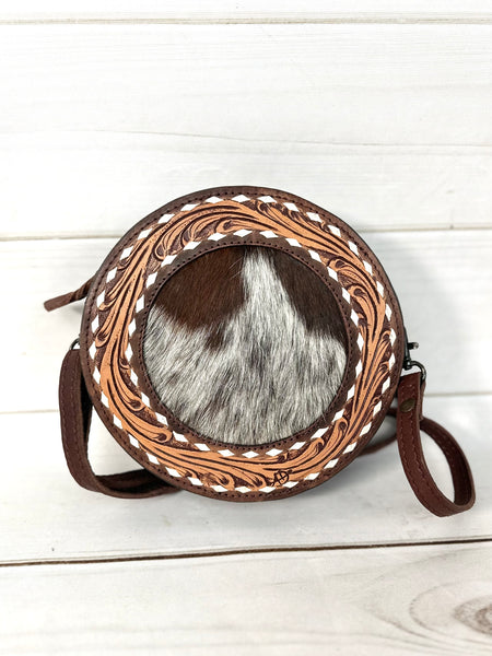 Small Round Cowhide Leather Crossbody Bag
