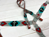 Grey, Red, Turquoise Cross Corded Cotton and Leather Tack Set