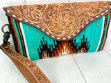 Turquoise Wool Patterned Leather Tooled Clutch Wristlet