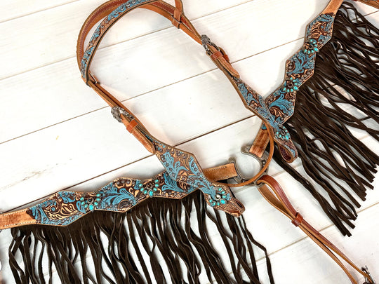 Teal Blue and Brown Floral Tooled with Brown Suede Fringe Tack Set