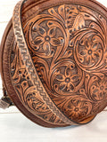 Brown Leather Floral Tooled Round Canteen Crossbody Bag