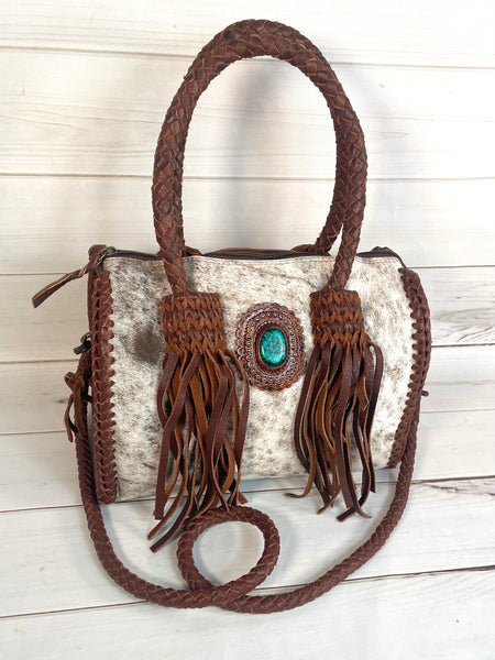 Cowhide Leather Braided Handle Fringe Handbag