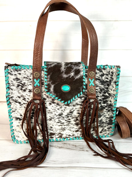 American Cowhide Turquoise Leather Whipstitch Tote Purse