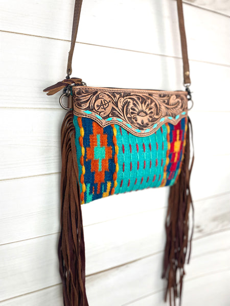 Turquoise Buckstitch Cross Pattern Tooled Fringe / Wool Medium Bag