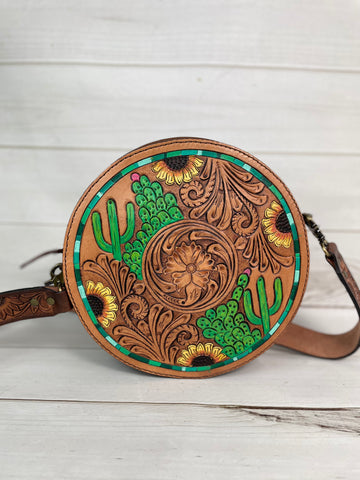 The Tooled & Painted Leather Purse Straps Buckstitched Sunflower