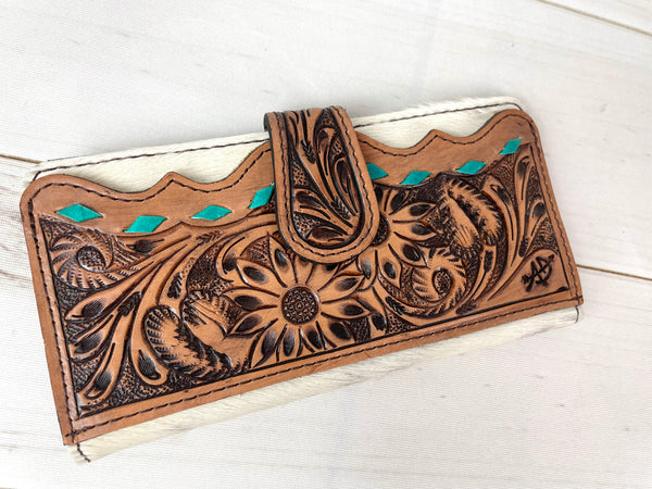 Sunflower Tooled Teal Buckstitch Leather Flap on Cowhide Wallet