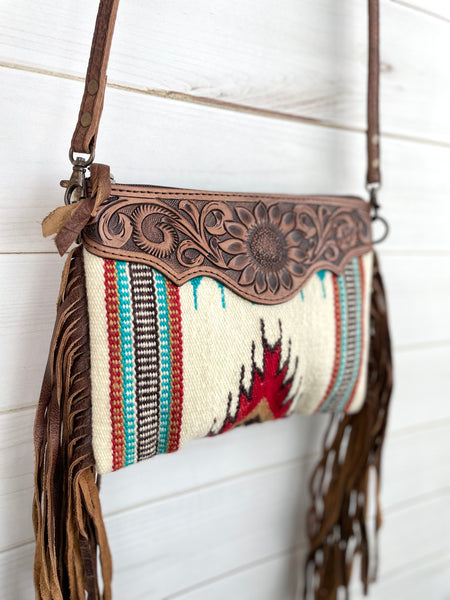 Red, Turquoise & Neutral Wool, Leather Tooled Fringe Medium Sz Handbag