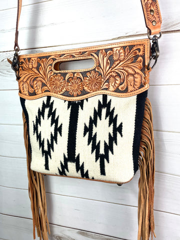 American Darling Brown and White Fringe Cross Body Purse