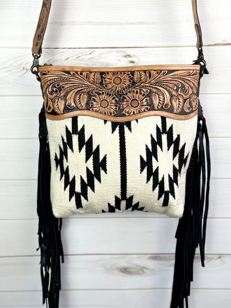 Aztec Patterned Cream and Black Wool Leather Tooled Fringe Bag