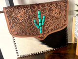 Tooled Whipstitch Envelope Bag with Turquoise Cactus