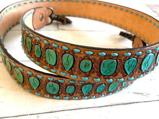 Turquoise Tooled Painted Teal Buckstitch Leather Handbag Strap