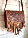 Scottsdale Tooled Tan Leather Fringe on Hide Satchel Bag