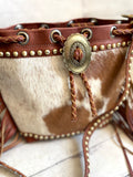 Tan Cowhide and Leather Bolo Tie Bucket Style Handbag