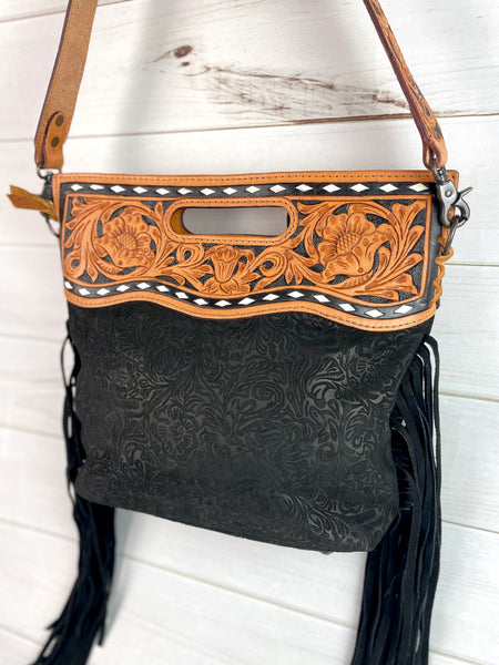 Cowhide fringe with blue specs crossbody – Sassy Ranch Original