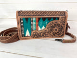 Floral Tooled Leather Turquoise and Red Wool Inset Carryall Wallet