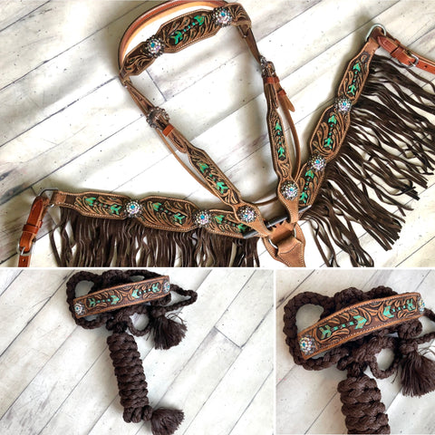 Tooled Mint Arrow Tack with Chocolate Fringe – Cowgirl Barn & Tack