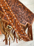 Scottsdale Tooled Tan Leather Fringe on Hide Satchel Bag