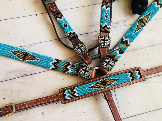 Teal and Gold Diamond Beaded Wither Strap