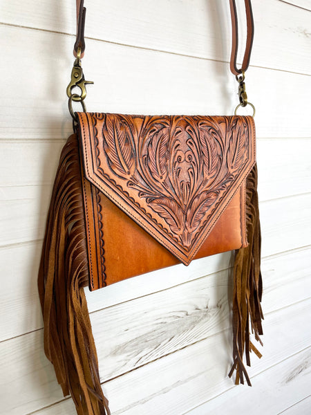 Feather Tooled Tan Leather & Fringe Envelope Handbag