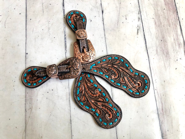 Copper Brushed Teal Buckstitch Spur Straps