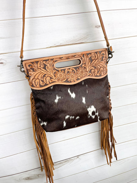 Brown Hide Tooled Handle Fringe / Crossbody Handbag