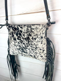 Black White Cowhide Black Leather Medium Size Handbag