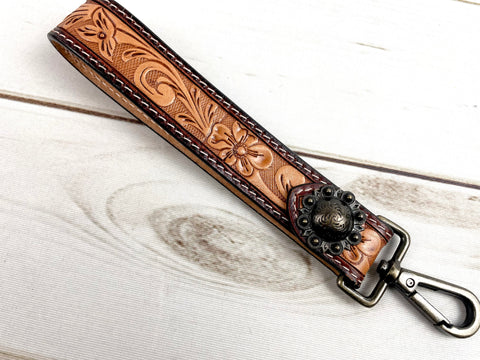  Multi color Patterned leather with chain edge Wristlet key  chain for Key fob, Key, ID Badge Holder, USB, Purse (Leather Brown) :  Clothing, Shoes & Jewelry