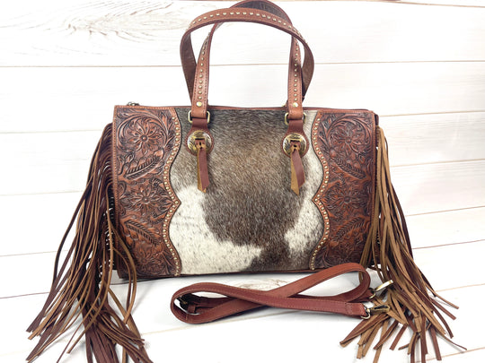 CLEARANCE! Leather Tooled, Gold Studded Hide Arm Handle Handbag