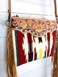 Serape Red Wool, Leather Tooled Fringe Med. Bag