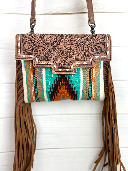 Ajo Turquoise and Orange Wool & Floral Tooled Leather Fringe Bag