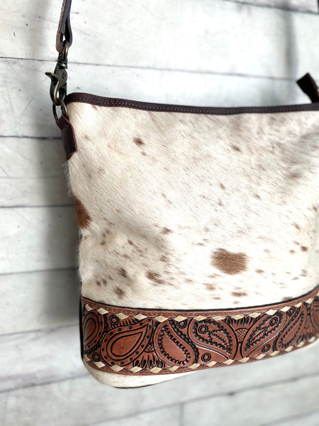 Hide Leather Paisley Tooled Crossbody Bag