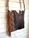 La Paz Brown Hide Tan Leather Tooled Concho Side Fringe Bag