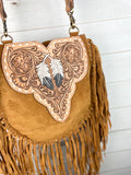 Vintage Sand Suede Tooled Leather Feather Handbag