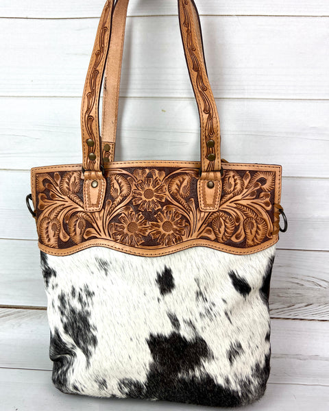 Western Leather Tooled and Cowhide Tote