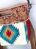 Turquoise Red Tan Diamond Wool Leather Handle Fringe Bag