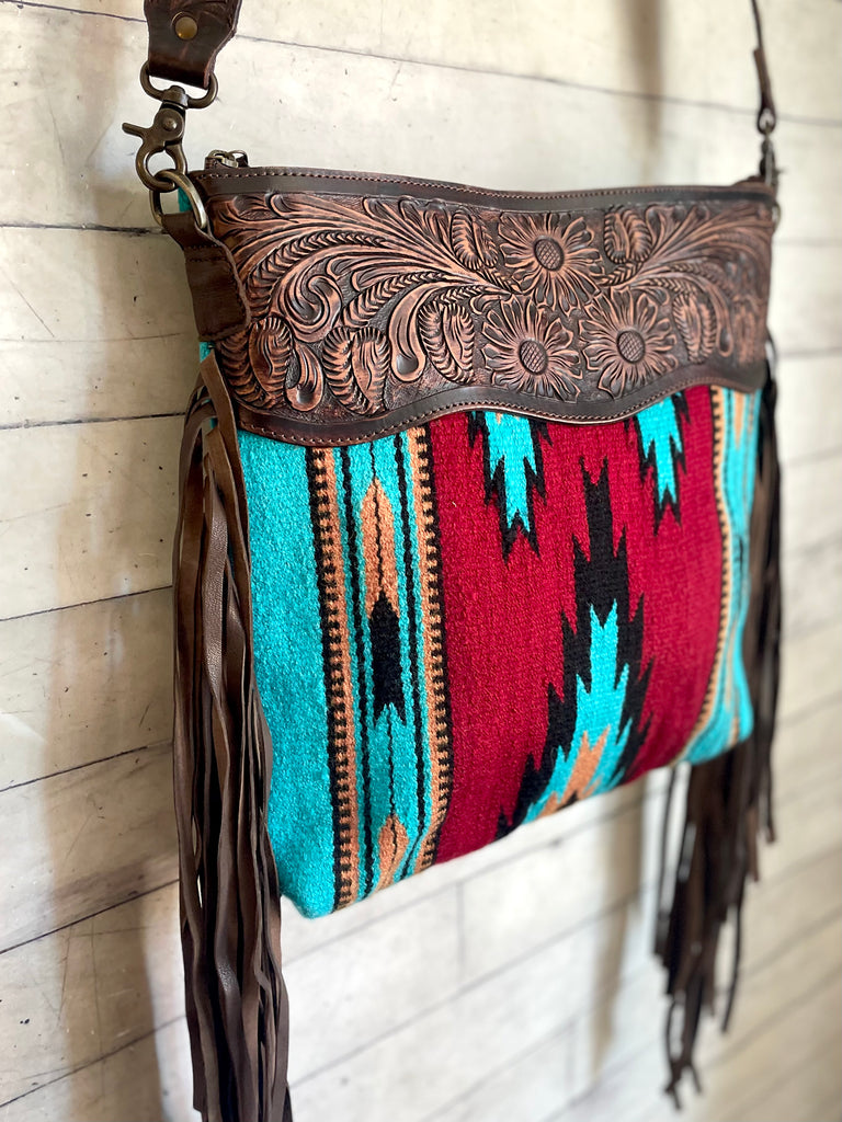 Deep Red/ Wine & Turquoise Wool Leather Tooled Fringe Handbag – Cowgirl ...